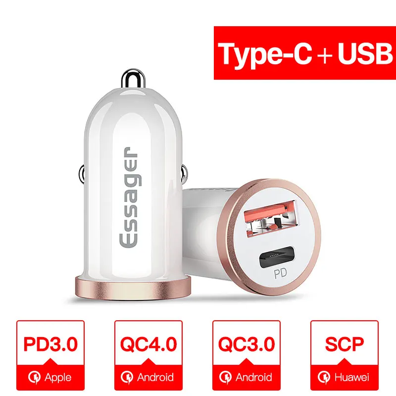 Essager Quick Charge 4,0 3,0 USB Автомобильное зарядное устройство для iPhone Xiaomi samsung QC4.0 QC3.0 QC type C PD быстрая зарядка автомобильное зарядное устройство для телефона - Тип штекера: Type C USB White