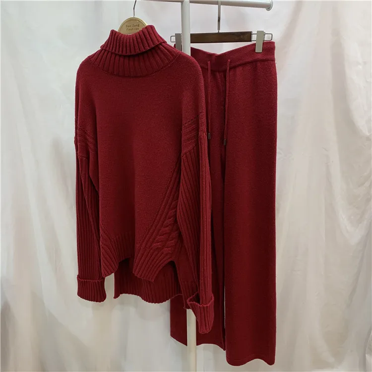 Women's Luxury Two Pieces 45% Cashmere + 30% Wool Suits Female Turtleneck Warm Mink Cashmere Knit Tops +  Wool Pant Sets F2555