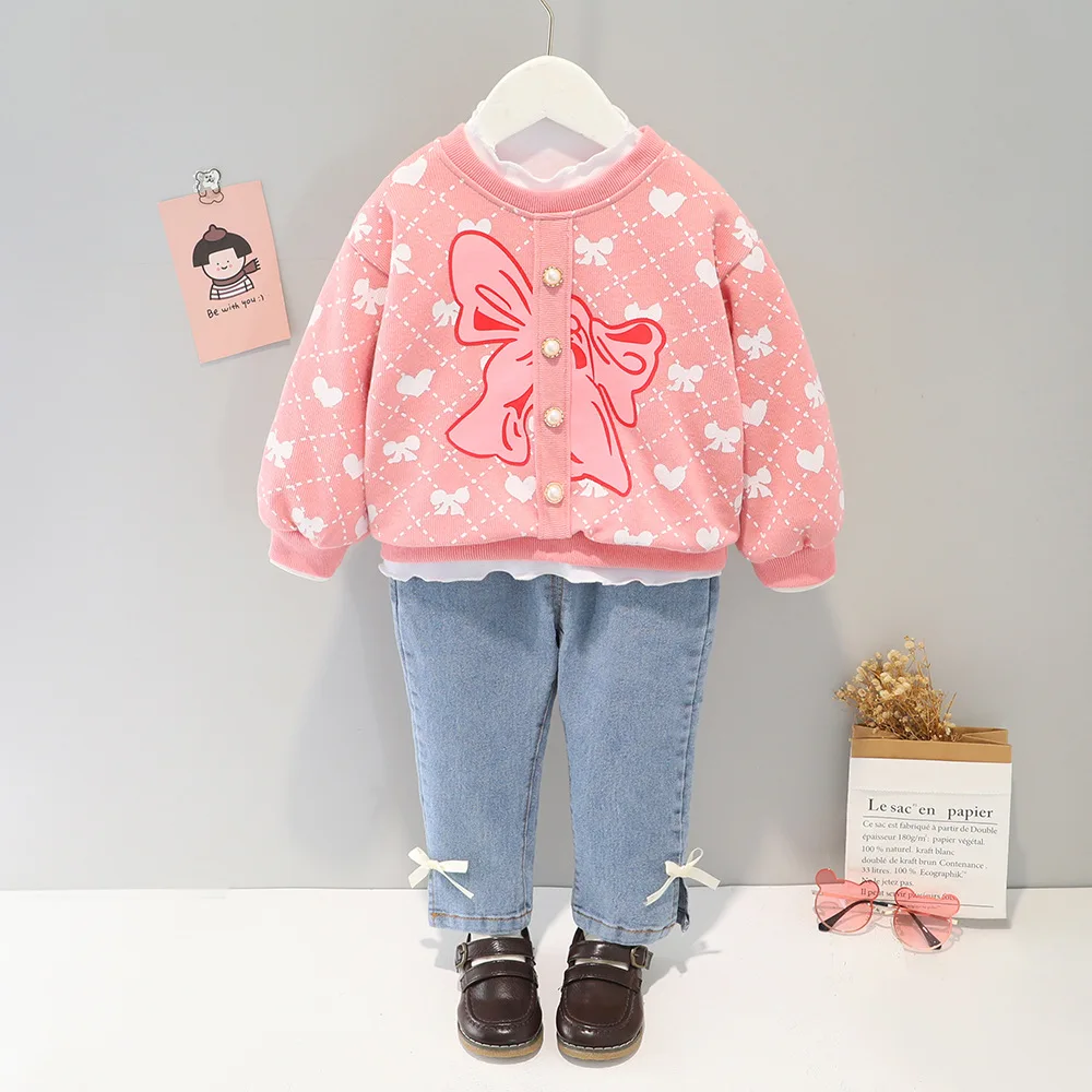 

Toddler Girl Suit Spring Infant Cute Bowknot Print Sweatshirt+Jeans Two Piece Baby Set Yellow Black Pink Pullover Newborn Outfit