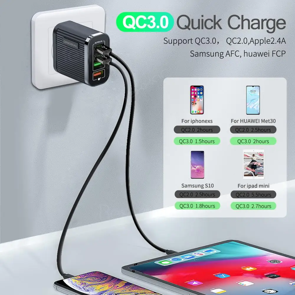 4 порта USB зарядное устройство Quick Charge 3 0 Быстрая зарядка для iphone 7 8 X XS Samsung S9