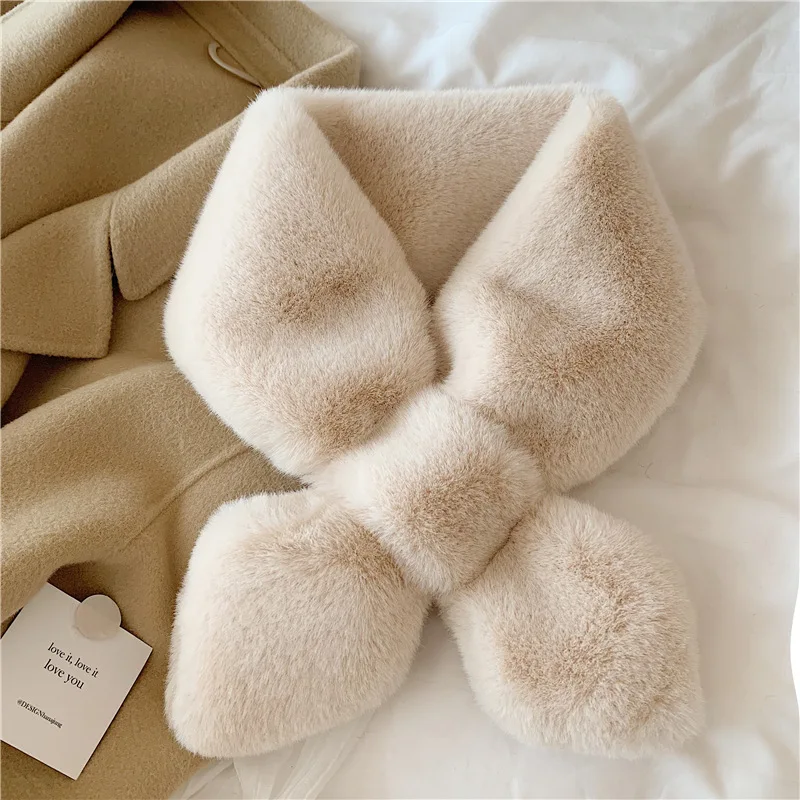 

Korean autumn and winter solid color furry bib warmth cross scarf plush fur collar women White