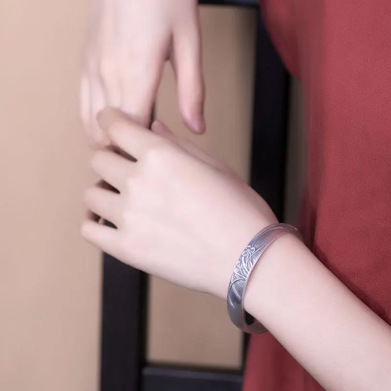 Beste 999 Sterling Zilver Retro Orchidee Nationale Stijl Armband Vrouwen Effen Mond Zilveren Armband Dag Gift Moeder Aan Moeder