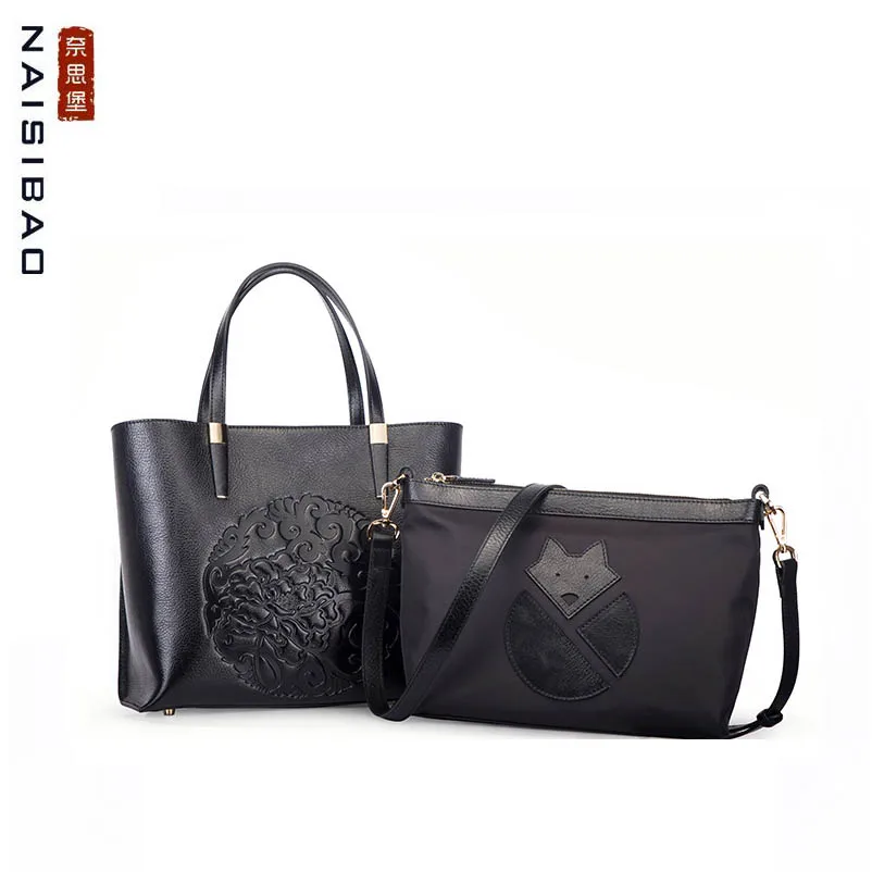 

NAISIBAO 2019 New women Genuine Leather bag Embossed Top cowhide fashion luxury handbags designer women leather shoulder bag
