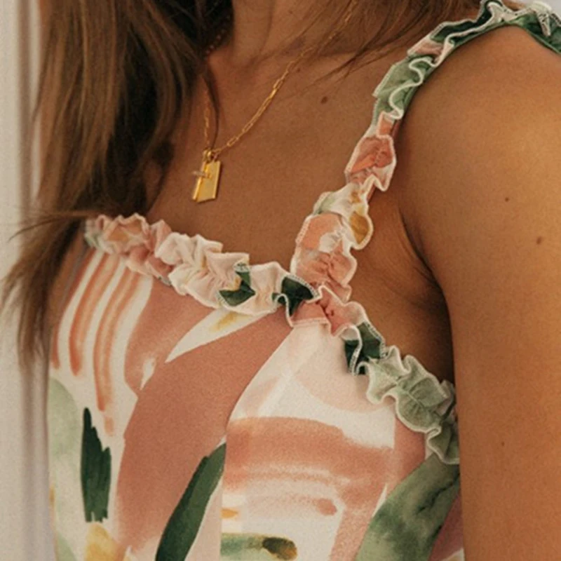 

Summer Floral Print Sling High Waist Jumpsuits Female Rompers Casual Loose Wide Leg Long Pants 2021 Women Sleeveless Jumpsuit