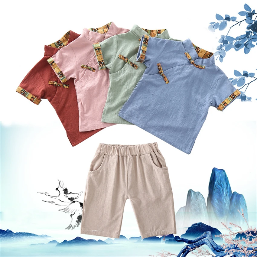 Традиционный китайский комплект одежды для детей льняные Летние повседневные