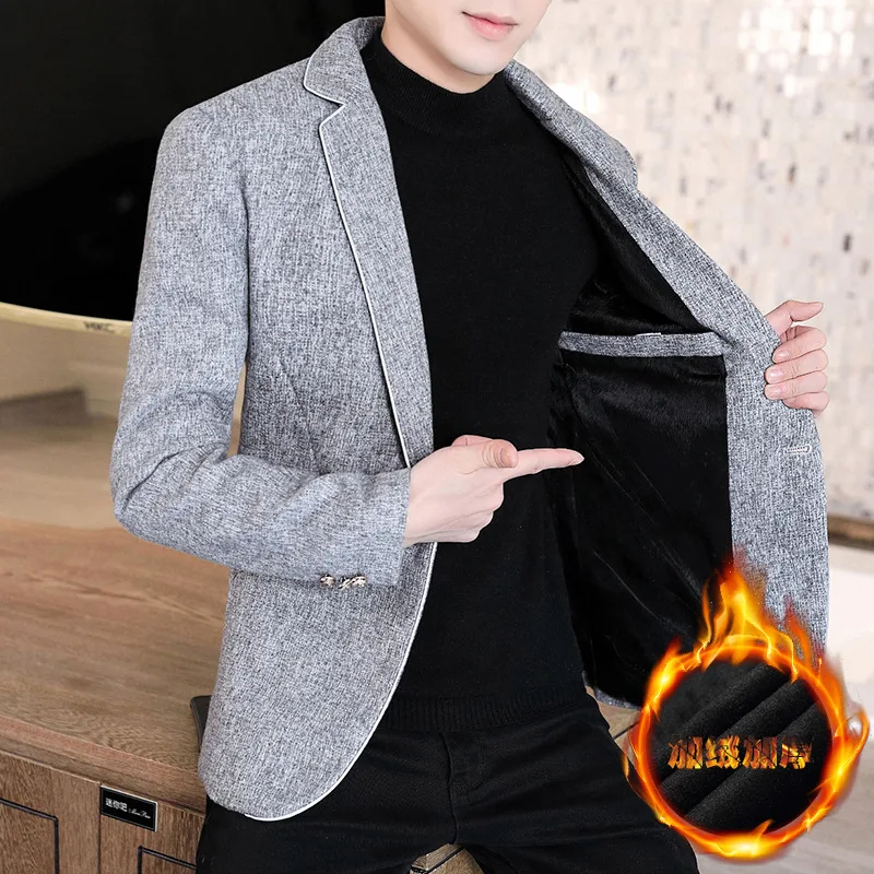 2021 Men's Fleece-Lined Thickened Woolen blazer Youth New Autumn and Winter Solid Color | Мужская одежда