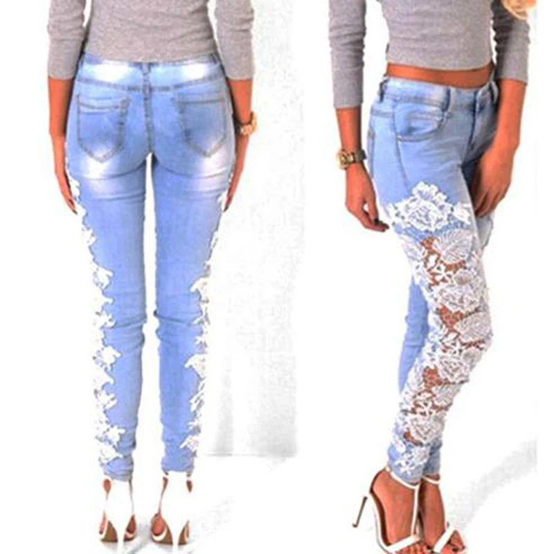 

Women'S Fashion Lace Jeans Hollow-Out Skinny Jeans Women'S Pencil Pants Spliced Pants