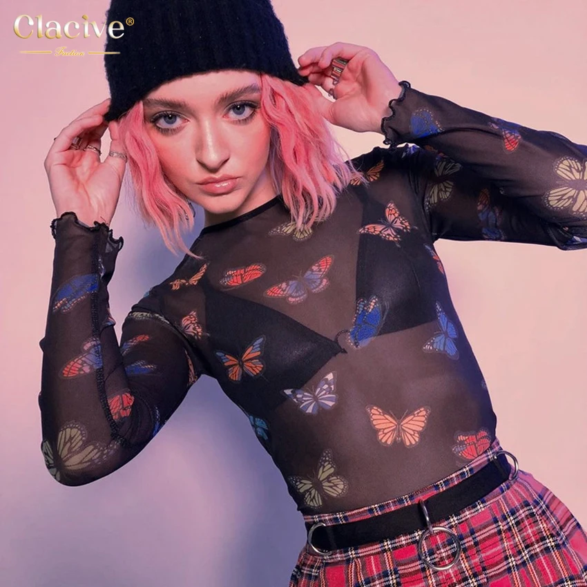 Clacive футболка с длинным рукавом и принтом бабочки сетчатая ткань полупрозрачная
