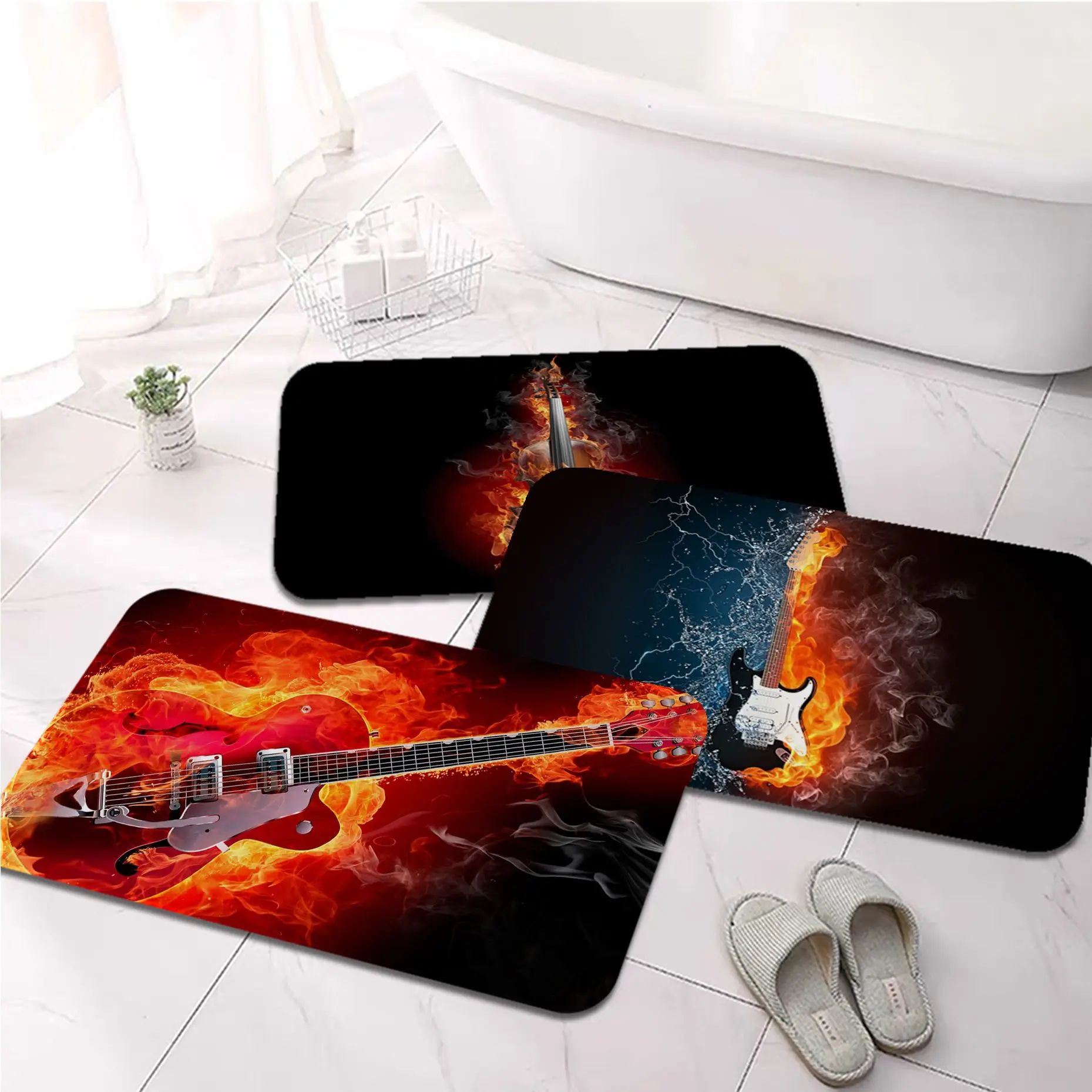 

Fire in Flames Guitar Music Notes Flannel Floor Mat Bathroom Decor Carpet Non-Slip For Living Room Kitchen welcome Doormat