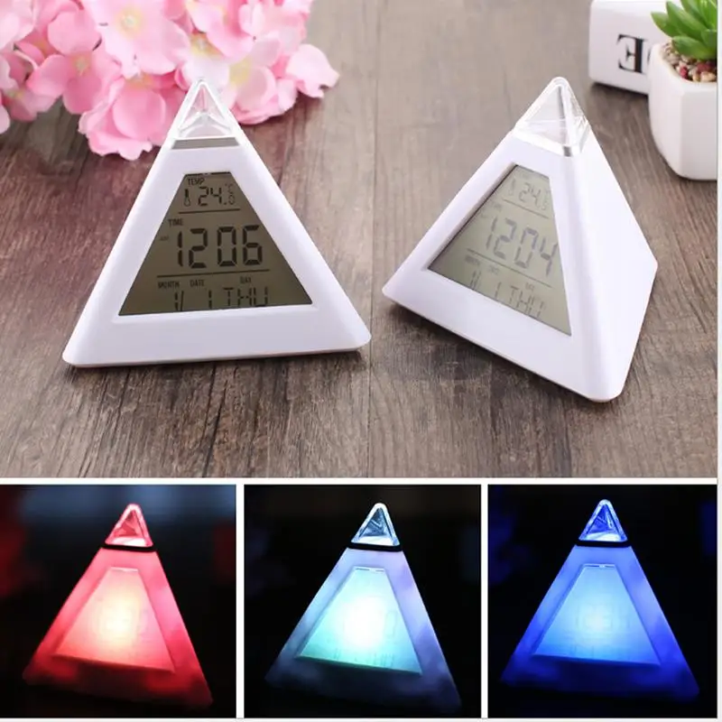 

Triangled 7 Colors LED Temperature Week Display Digital Alarm Clock Home Decor