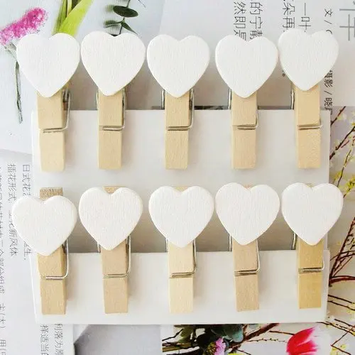 

150PCS/lot New Fashion Cute Special Gift white color Heart bag clips wood Clip for wedding party wooden peg wholesale