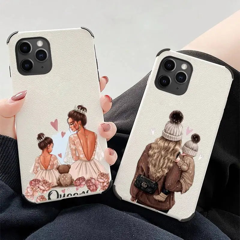 

Mother baby girl fashion mom Phone Case Lambskin Leather For iphone 12 11 8 7 6 XR X XS PLUS MINI PLUS PRO MAX Shockproof
