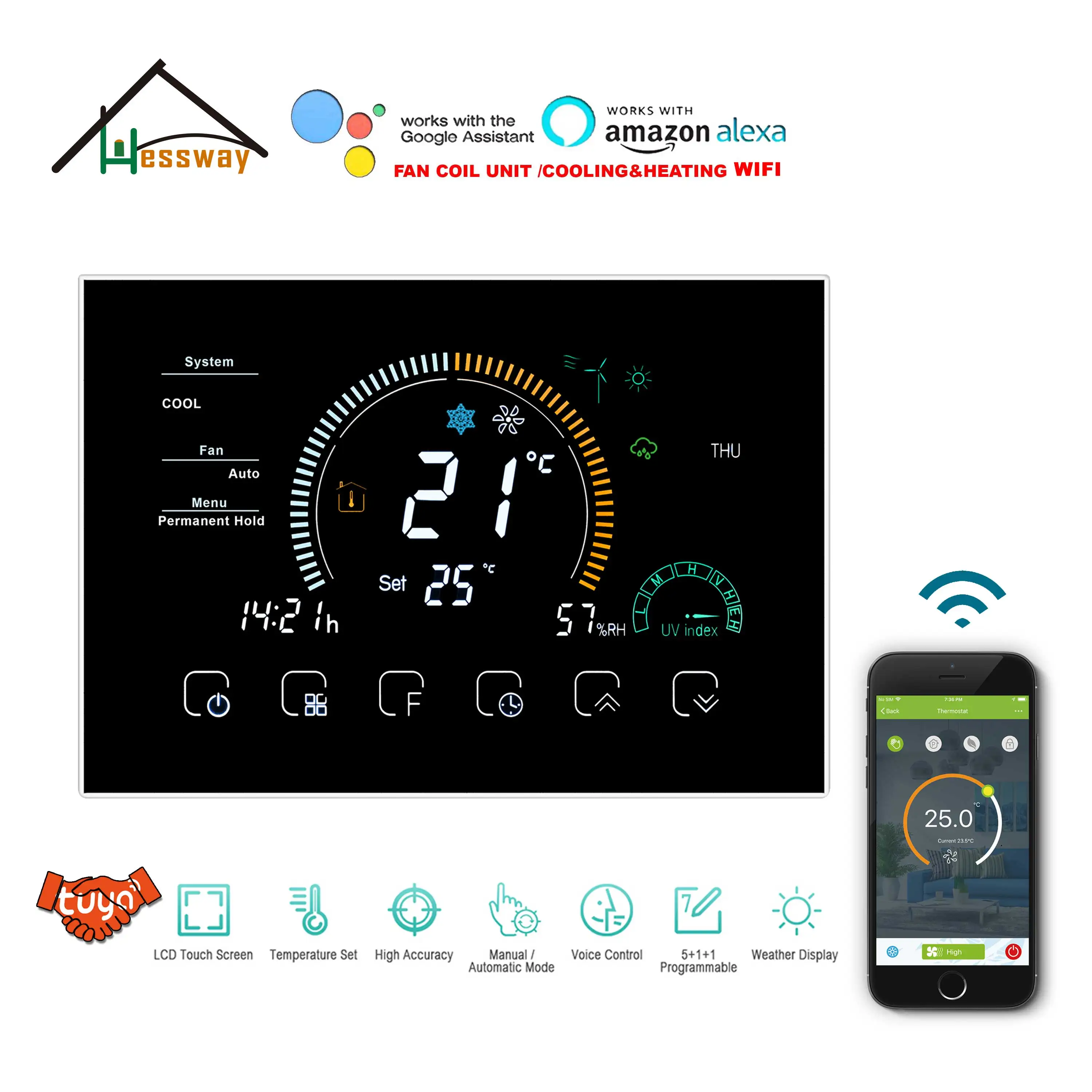 HESSWAY TUYA WIFI кондиционер термостат катушка вентилятора для общей погоды города уф