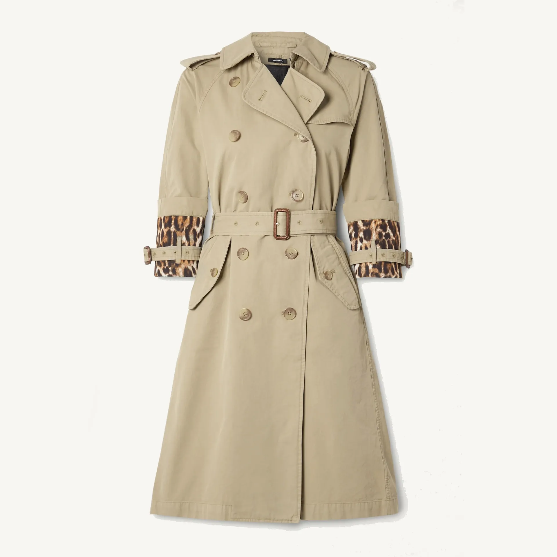 

Leopard Spliced Sleeve Epaulet Vintage Khaki Trench Coat with Sashes Belt Women Long Jackets 2020 New Designer Double Breasted