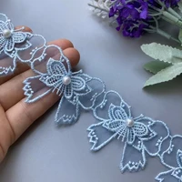 2 yards 5 x 4cm blue double layer butterfly lace trim ribbon embroidered fabric polyester pearl flower diy sewing for hat craft