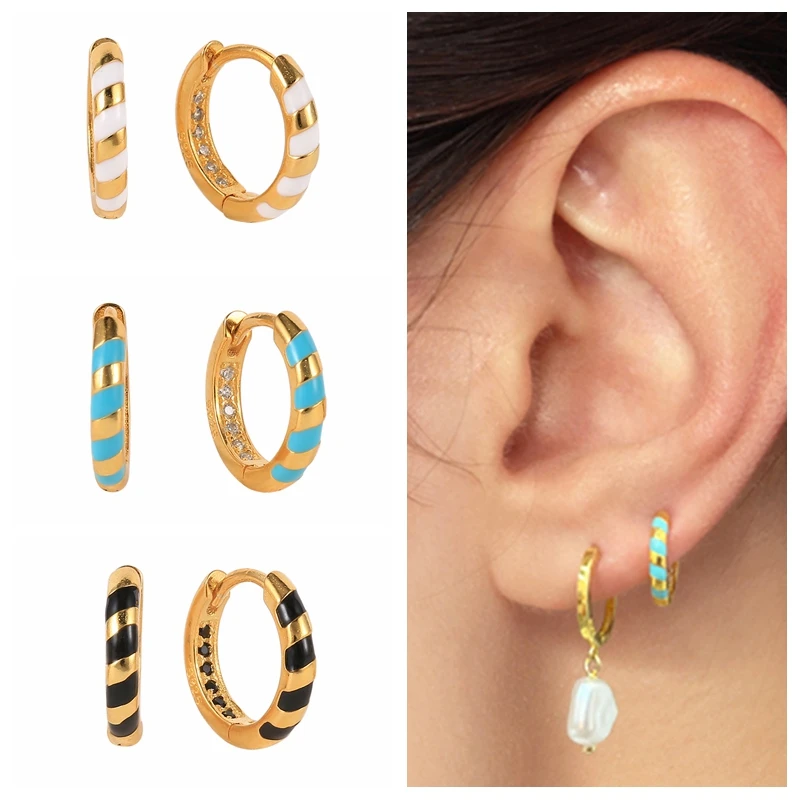 

Circle Hoop Earrings for Women Sterling Silver Crystal Earrings Jewelry Pendientes Mujer Turquoise Black White Earings Fashion