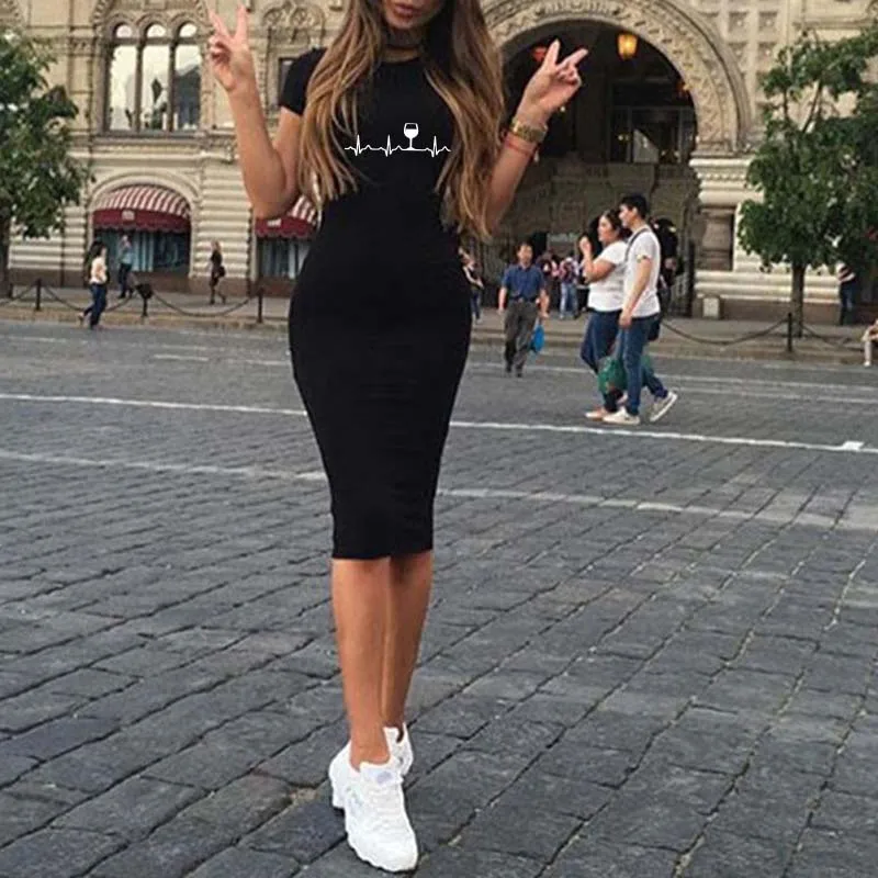 

Casual Wine Glass Heartbeat Printing Women Dress Street Style Short Sleeve O-Neck Summer Dress