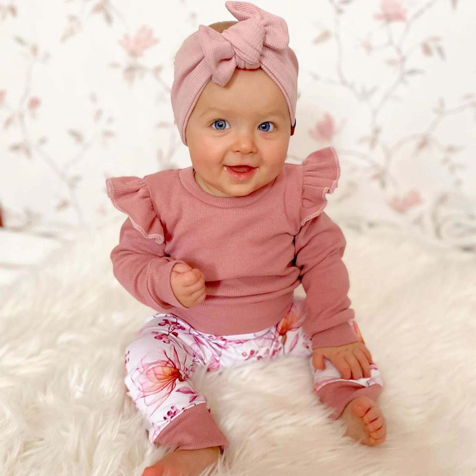 

Autumn 2Pcs Infant Baby Girls Cute Sweet Clothing Sets Outfits Infant Long Sleeve Solid Color Ruffle Rompers Floral Trousers
