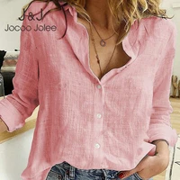 jocoo jolee office lady button lapel shirts casual long sleeve birds print cotton and linen loose blouse elegant oversized tops