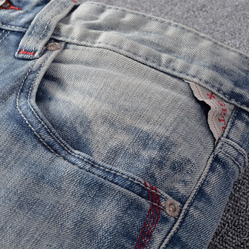 Korean Style Fashion Men Jeans Retro Light Blue Elastic Slim Fit Ripped Jeans Men Patchwork Designer Vintage Casual Denim Pants