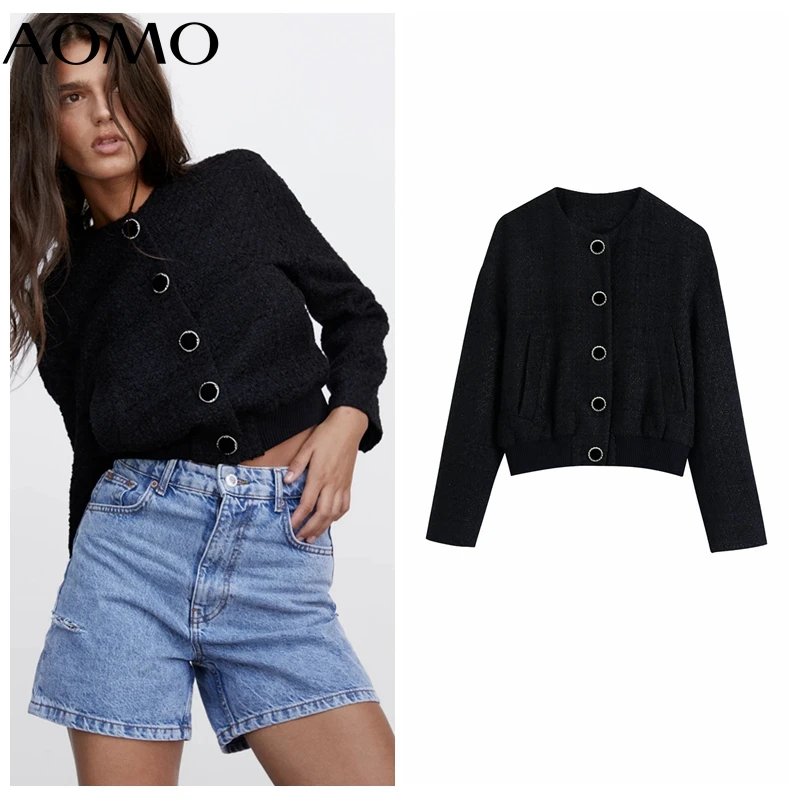 

AOMO Women Black Tweed Jacket Coat Buttons Ladies Long Sleeve 2021 Autumn Winter New Coat BE590A