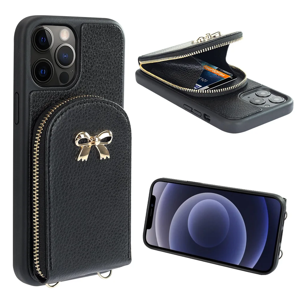 

Fashion PU Leather Portable Bow Zipper Bag Wallet Card Slot Phone Holder Case For iPhone 11 12 Pro Max Phone Handbag