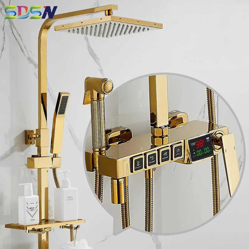 

Bathroom Shower Set Newly Gold Digital Shower System Rainfall Bath Shower Head Four Function Gold Thermostatic Shower Mixer Set