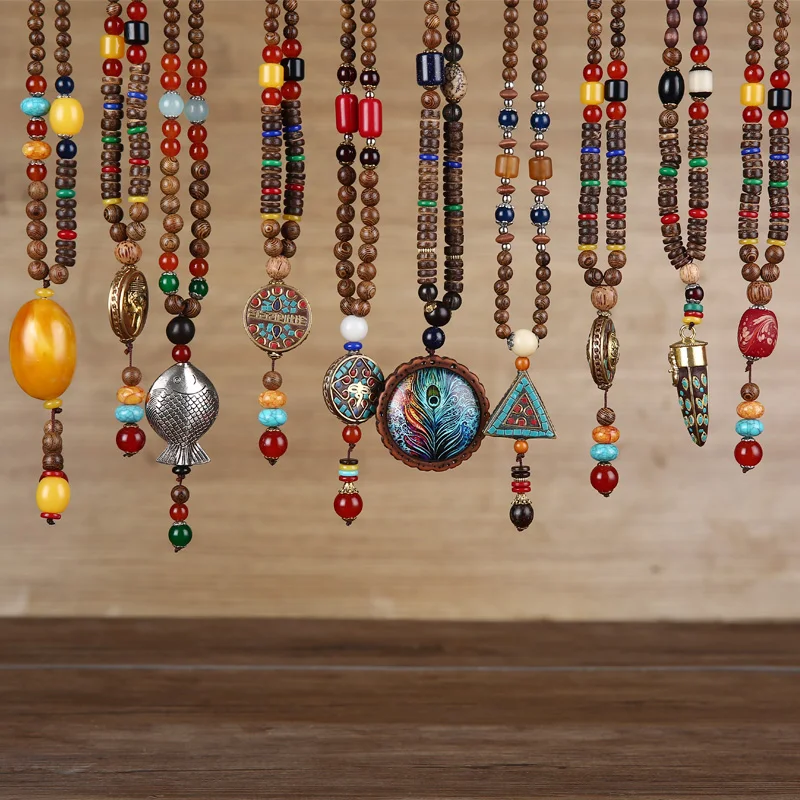 Ретро ожерелье из Непала буддистская мала мантра Подвеска деревянных бусин