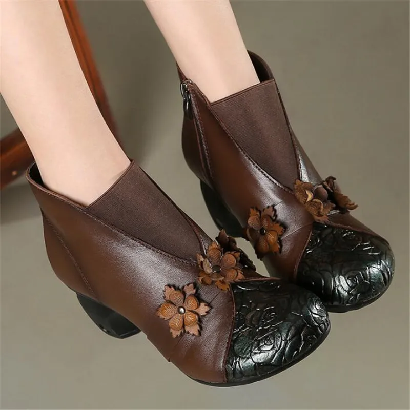 

BEYARNE Flowers Women's Ankle Boots Autumn Winter Genuine Leather Women Boots Retro Handmade Comfortable Shoes High Heels
