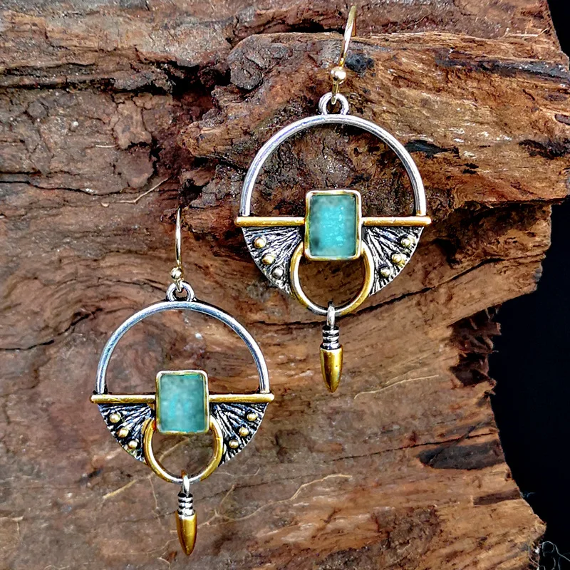 Boho Tribal полые круглые пули инкрустировано синим камнем серьги винтажные женские