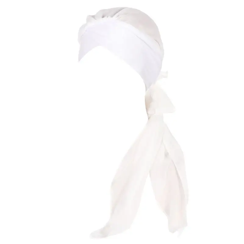 

Женский мусульманский Эластичный Тюрбан, шифоновая длинная Хвостовая шляпа с оборками, однотонный головной платок, повязка на лоб, перекре...