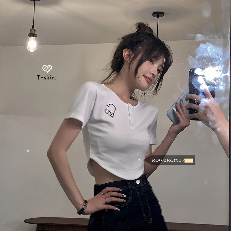 Женская Летняя короткая футболка с коротким рукавом и открытым пупком | одежда