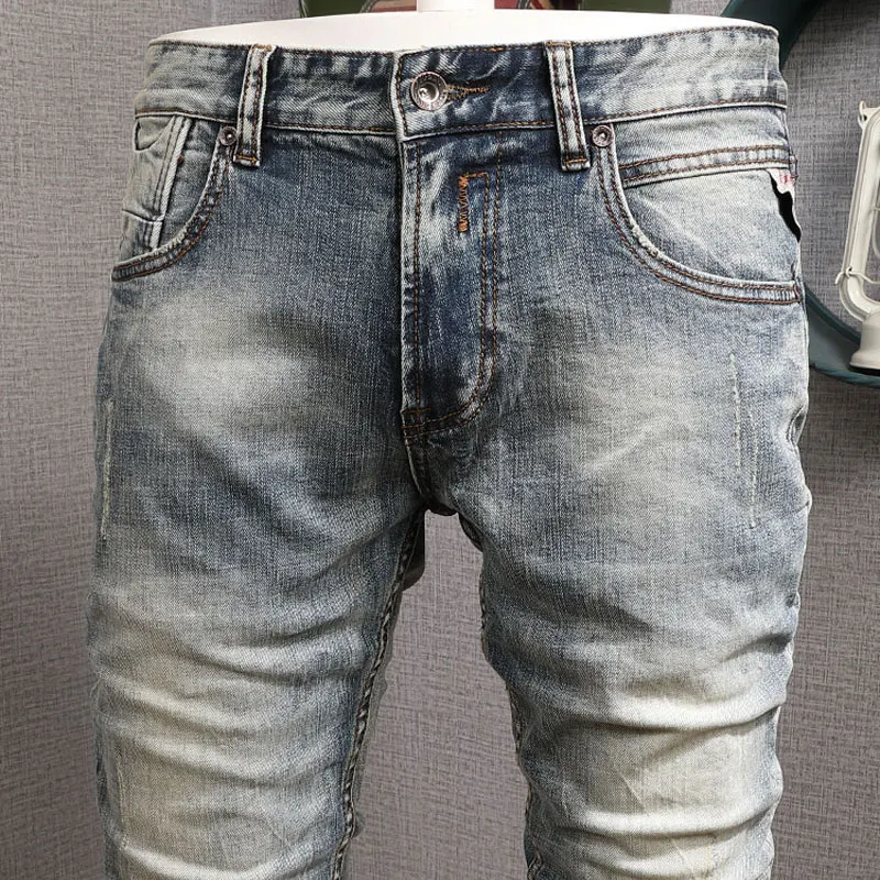 European Vintage Fashion Men Jeans Retro Elastic Cotton Slim Fit Distressed Ripped Jeans Men Simple Designer Casual Denim Pants