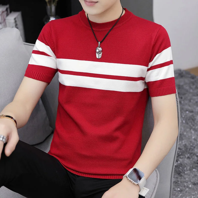 

Spring New Summer Men Casual Short Knitted Tees Men's Basic Tees Tops Male Stretch Chemise Homme Shtriped T Shirt S53