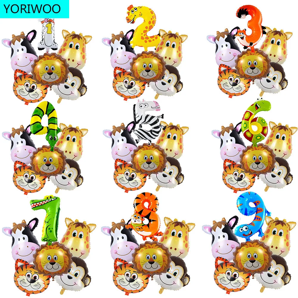 6pcs Jungle Animal Monkey Lion Balloons Set Foil Number 1 2 3 4 5 Happy Birthday Party Decorations Kids 1st Oh Baby Shower Boy