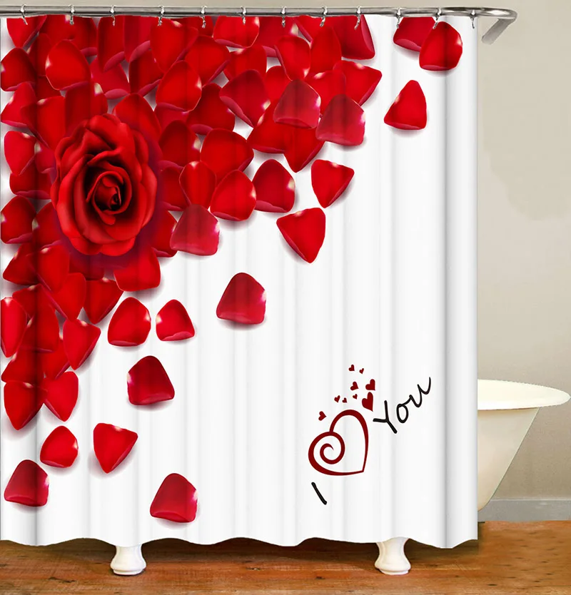 

Waterproof Shower Curtain Sets Multifunctional Shower Curtains Rose Petal Printed Bath Curtain Non Slip Absorbent Bath Mat Sets