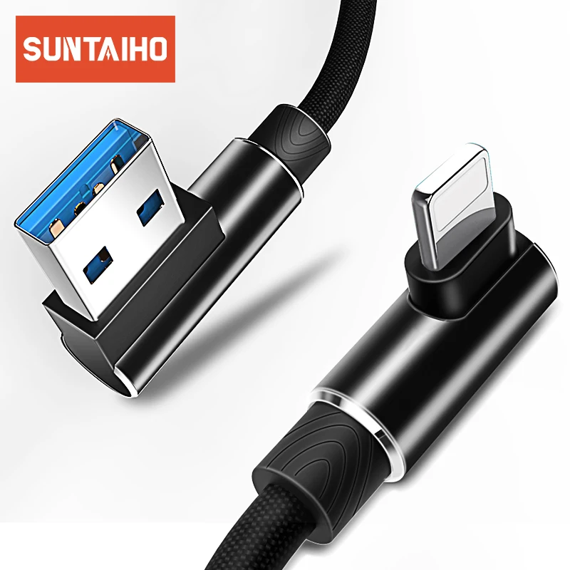 USB-кабель Suntaiho для iPhone 11 Pro Max XS XR X 8 7 Plus 6 6s 3A с углом 90 градусов быстрой зарядки и