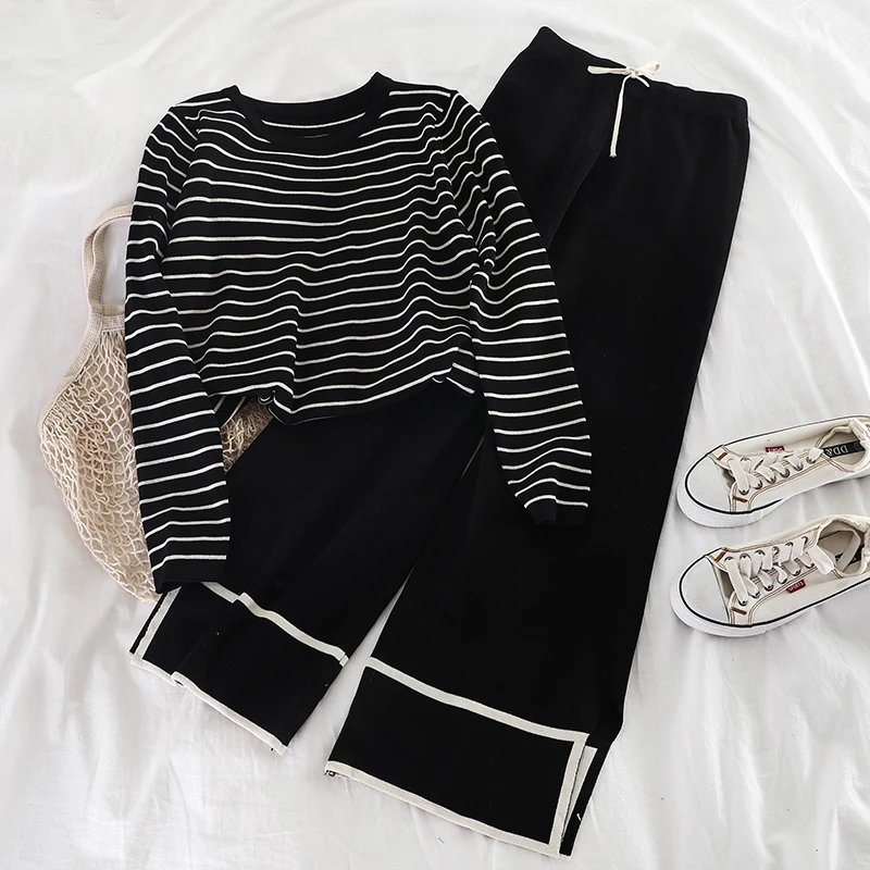 Женский модный осенний вязаный полосатый комплект из 2 предметов костюмы для