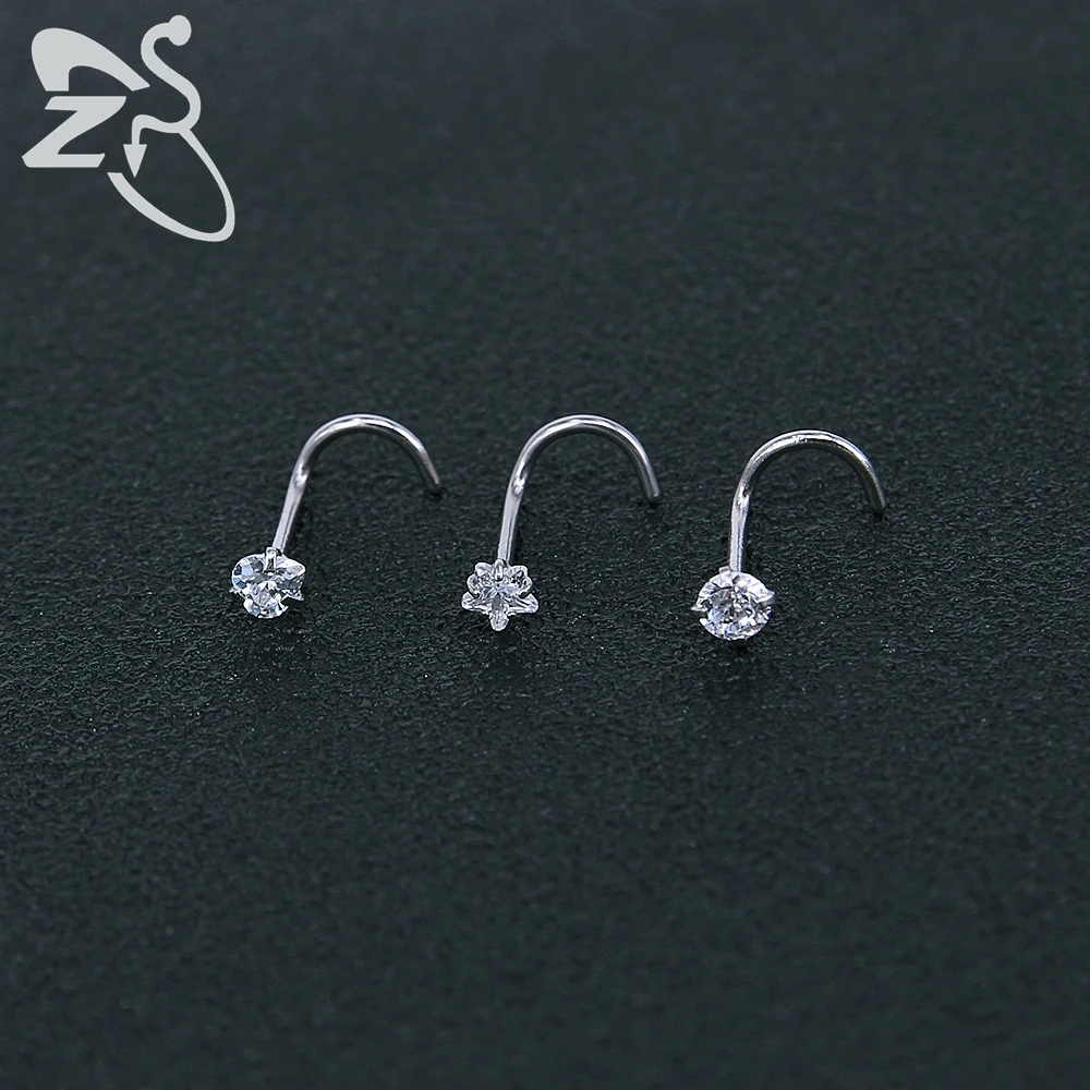 ZS 1PC G23 Titanium Nose Piercing Heart Round Star CZ Crystal Studs Screw S-Shaped Nostril 2/3MM Body Jewelry 20G - купить по
