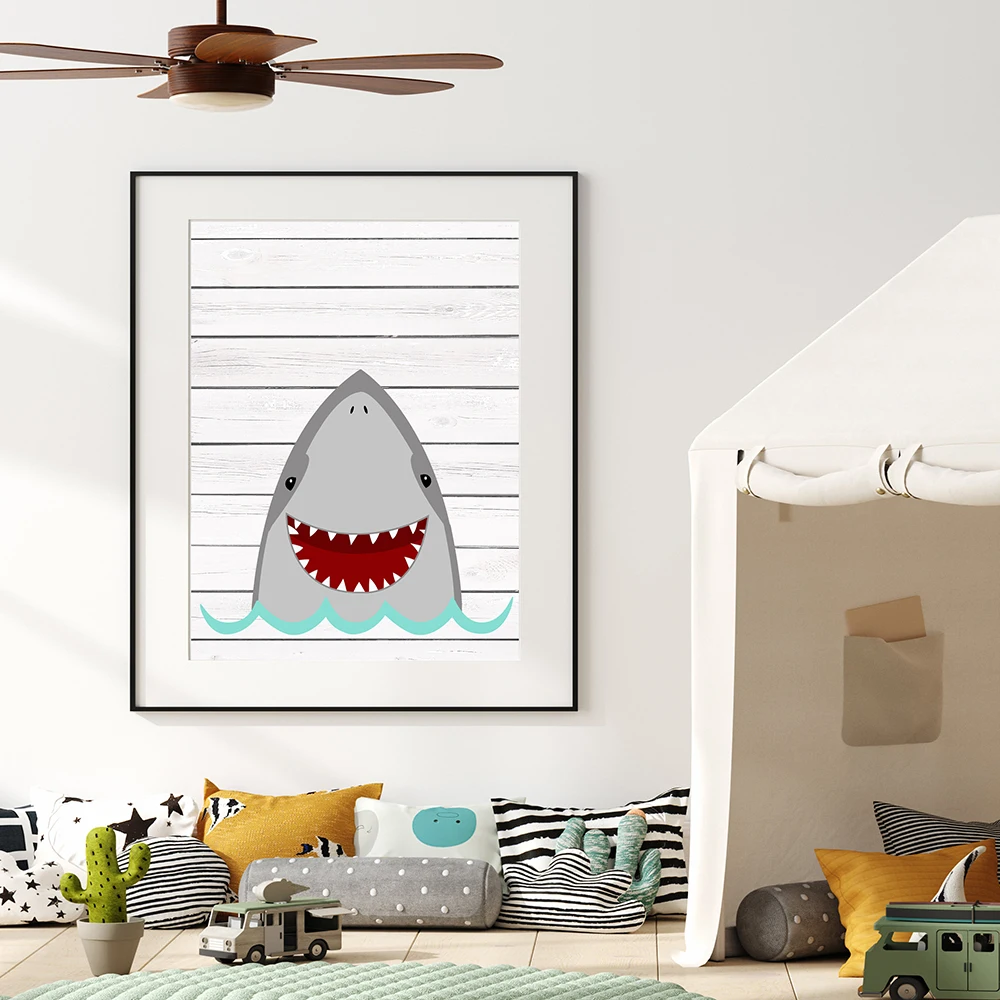 

Funny Ocean Shark Art Print Boys Nursery Wall Pictures Nordic Cartoon Animal Canvas Painting Kids Bedroom Cute Wall Decoration
