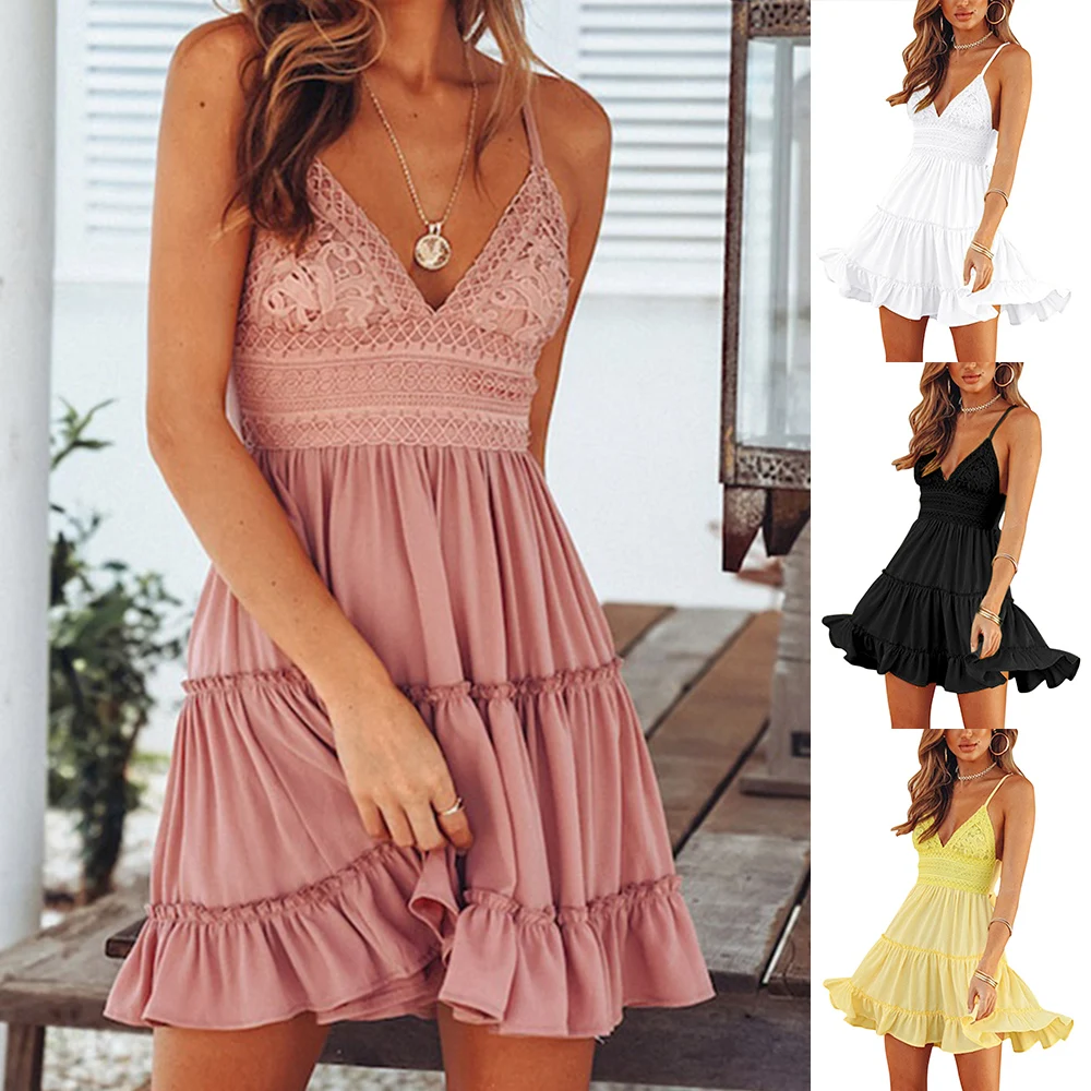 

Summer Women Dress 2019 Strap Bow Dresses Sexy Women V-neck Sleeveless Vestidos Beach Backless Lace Patchwork Dress