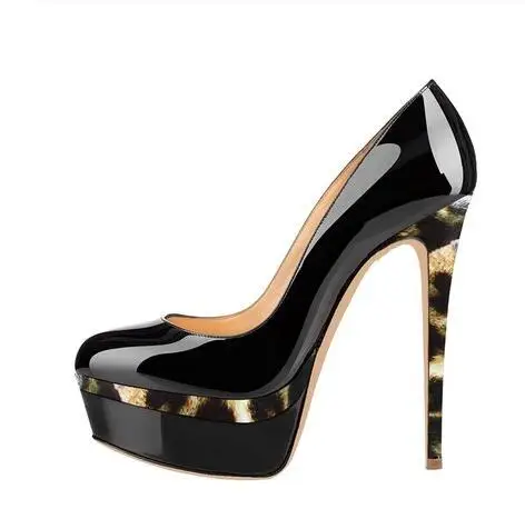 Polite2020 Mirror Hot Selling Women Black Orange Leather Shallow Pumps Sexy Platform Slip on Round Toe Dress Shoes High Heels | Обувь