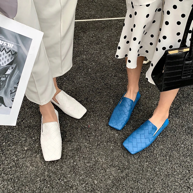 

Fashion Women Flats Square Toe Slip On Loafers Comfortable Ladies Shoes Flats Heeled Casual Spring/Autumn Fashion Blue Shoes