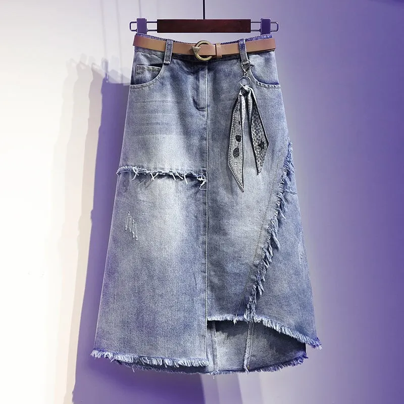 

On Sale S-5XL Spring To Sumemr Women Long Midi Vintage Asymmetrical Denim Jean Skirt Jupe Faldas Femme Raw-Edge Hem Belt