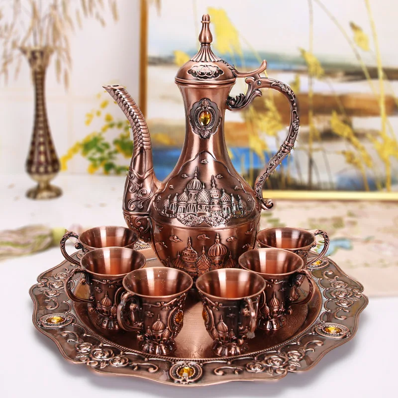 

White wine set Household large capacity Vintage bronze wine glass Wine pot relief liquor cup palace drama props