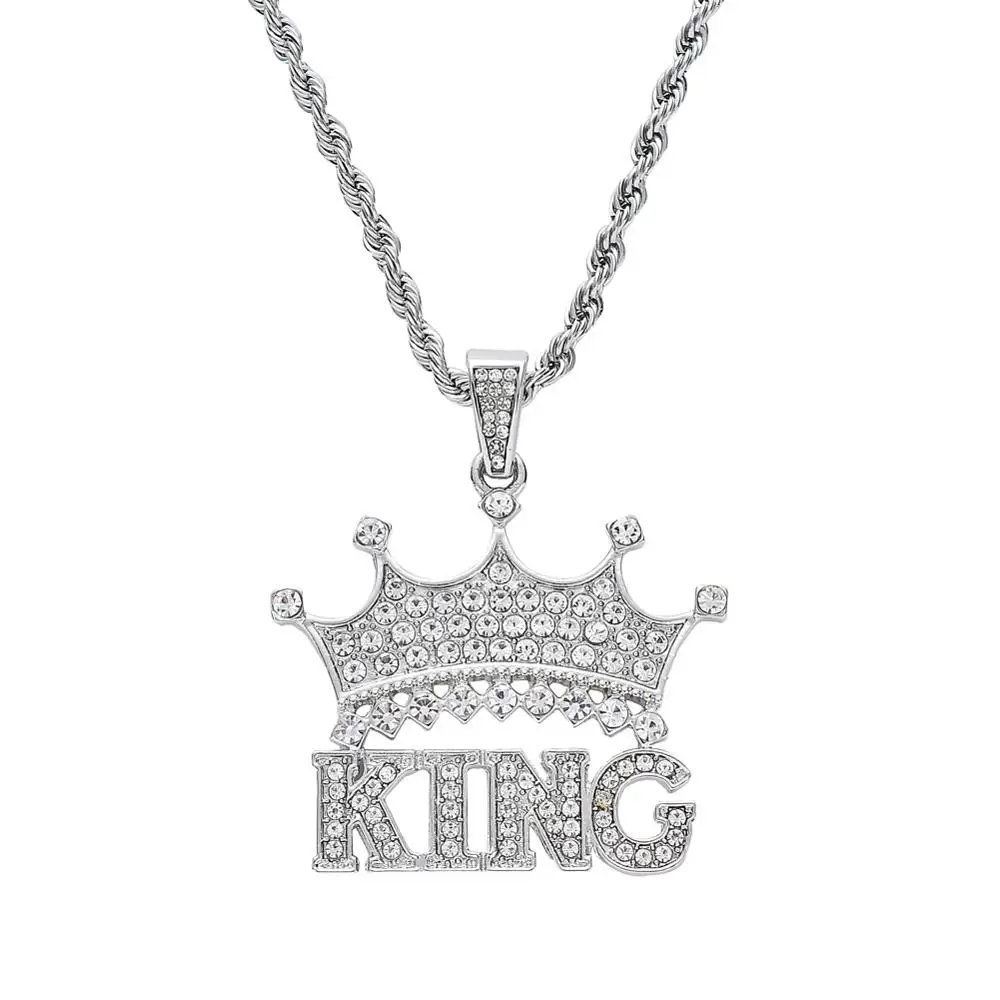 Silver Iced Out хип-хоп ожерелье кристалл король с подвески Корона и ожерелье для мужчин и женщин ювелирные изделия подарок - Окраска металла: Silver
