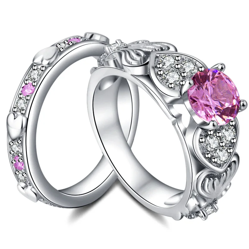 Розовый 2/pc Romantic Heart Shape Crystal Engagement Wedding Ring for Women Pink/Red Gems Sets Ring for Anniversary Party Jewelry Gifts - Цвет камня: Розовый