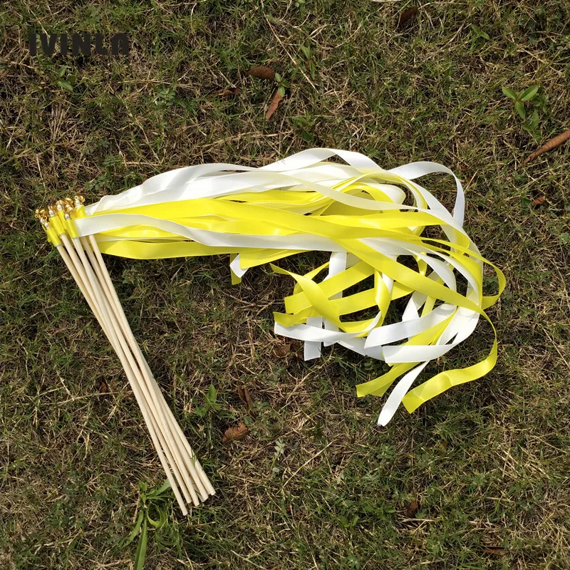 50 шт./партия Желтая и белая Свадебная лента палочки с золотым колокольчиком для