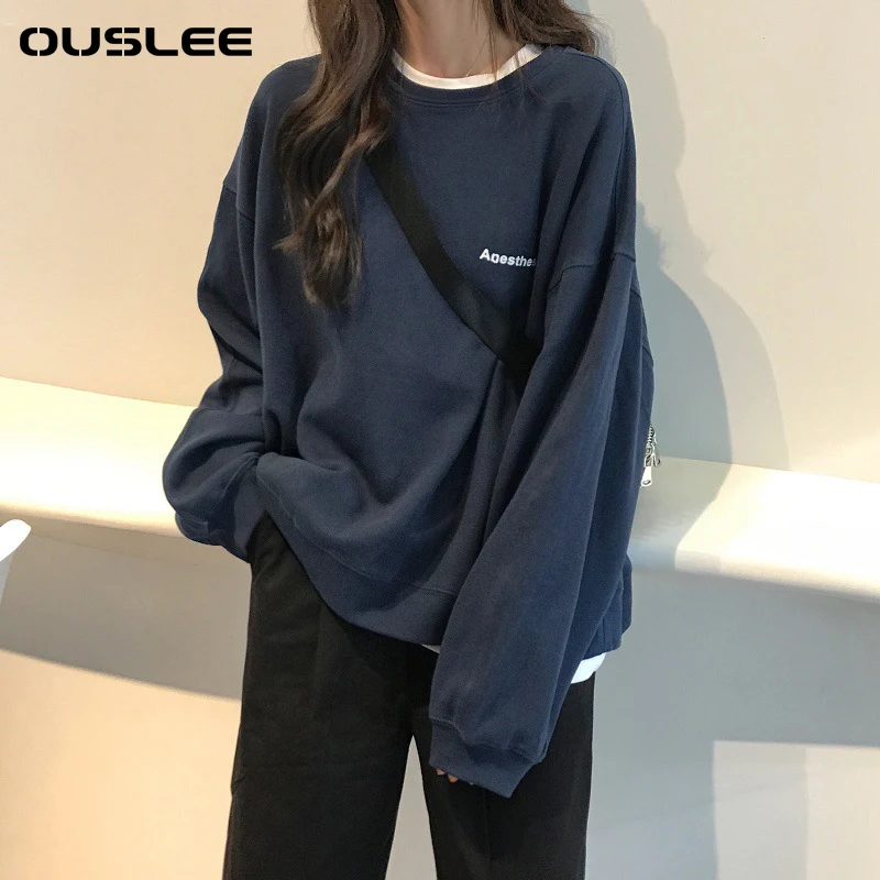 

Ouslee Women Fashion Solid Color Long Sleeve Oversized Hoodies Without Cap Spring And Autumn Students Streetwear Pullover Tops