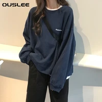 ouslee women fashion solid color long sleeve oversized hoodies without cap spring and autumn students streetwear pullover tops
